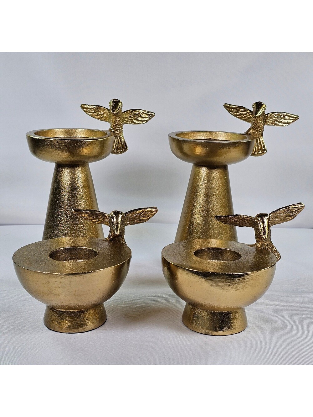 Set of 4 Gold Hummingbird Candle Holders Pedestal and Votive Taper Toned Metal